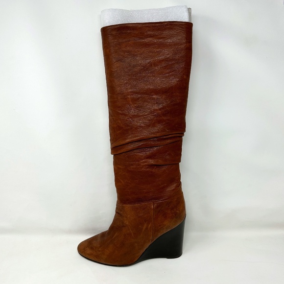 BCBG MaxAzria Brown Leather Pointed Toe Wedge Heel Knee High Tall Boots - Picture 1 of 6